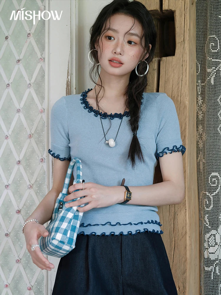 Mishow Round Neck Ear Edge Short Sleeve Tee MXE32Z1233