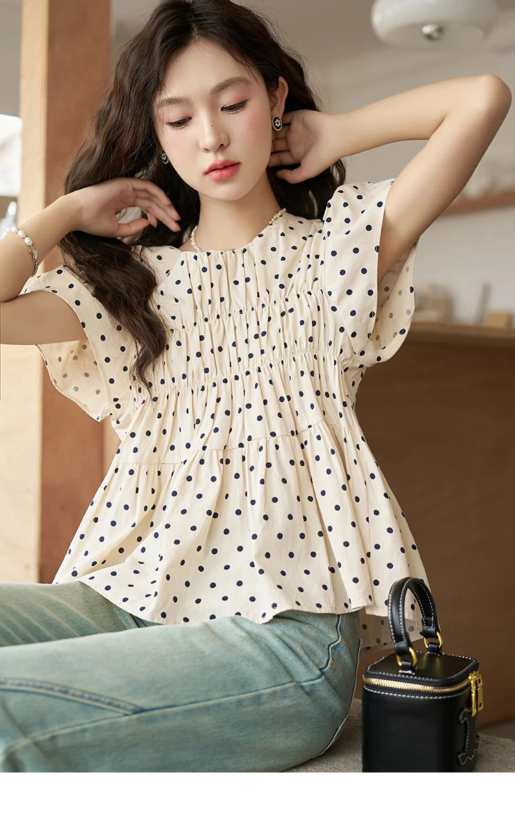 MISHOW Polka Dot Blouse Flying Sleeve O Neck Elastic Folds MXC39X1291