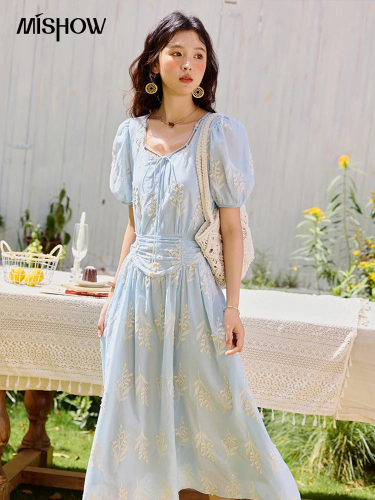 Mishow Blue Square Neck Bubble Sleeve Cotton Dress MXE35L2234