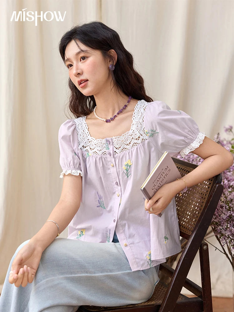 MISHOW Lace Patchwork Square Collar Blouse Puff Sleeve MXE36X1830