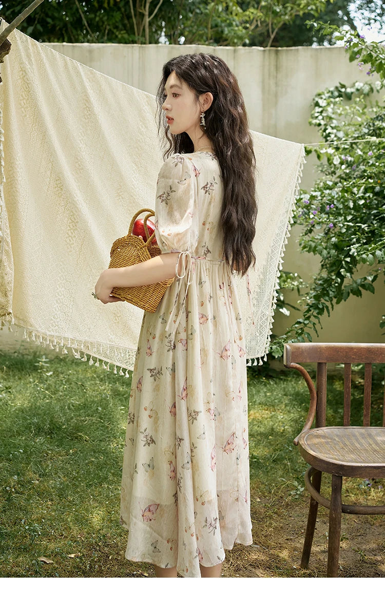 Mishow Butterfly Print V-Neck Lace-Up Bubble Sleeve Dress MXD15L1778