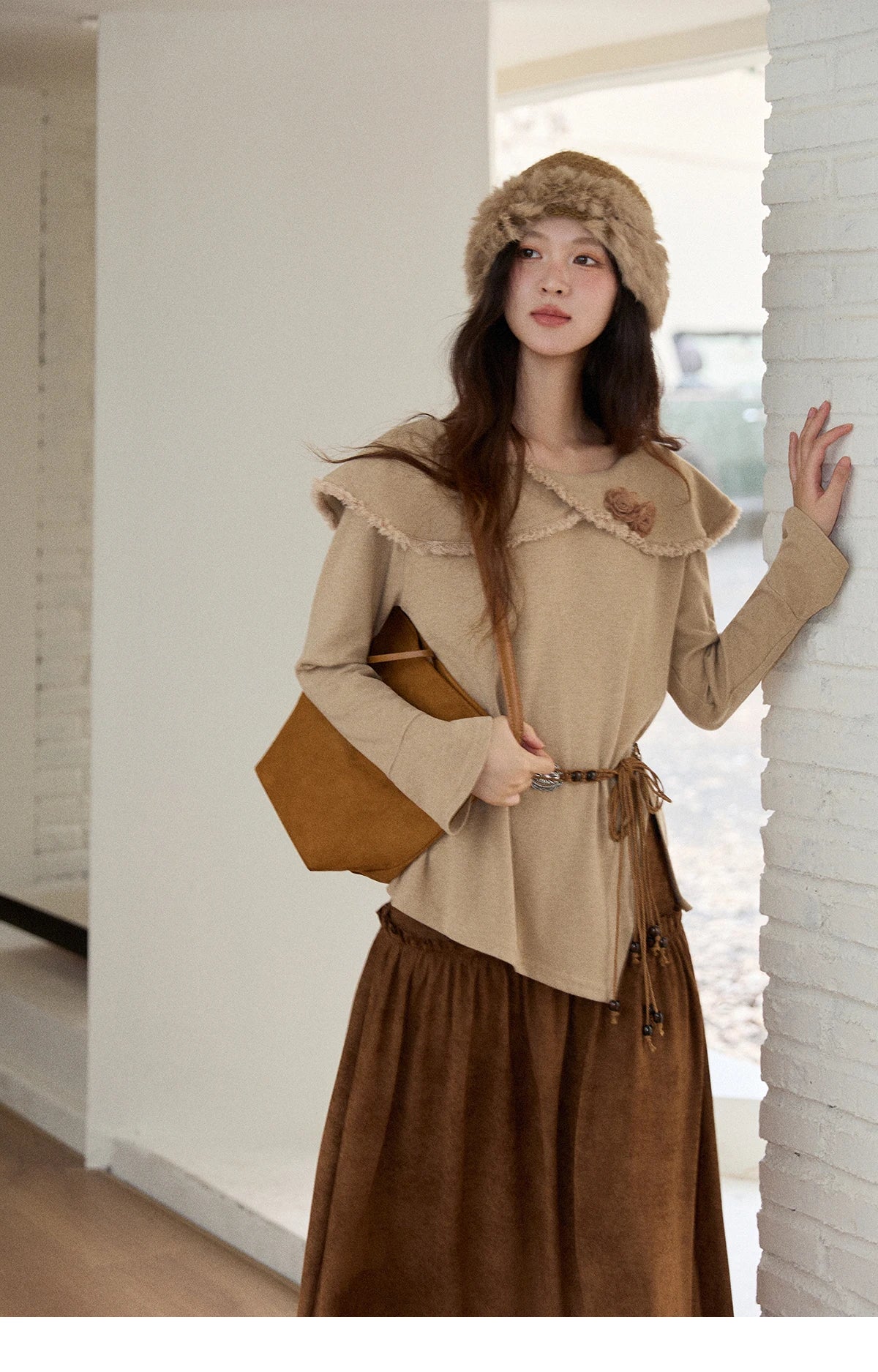 Mishow Retro Brown 3D Flower Decoration Round Neck Top MXE51Z2593