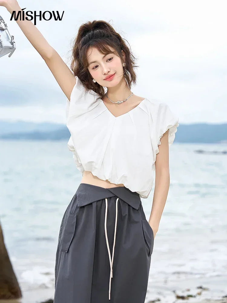MISHOW French Rear Collar Tie Blouse V-Neck Puff Sleeve MXC38X1275