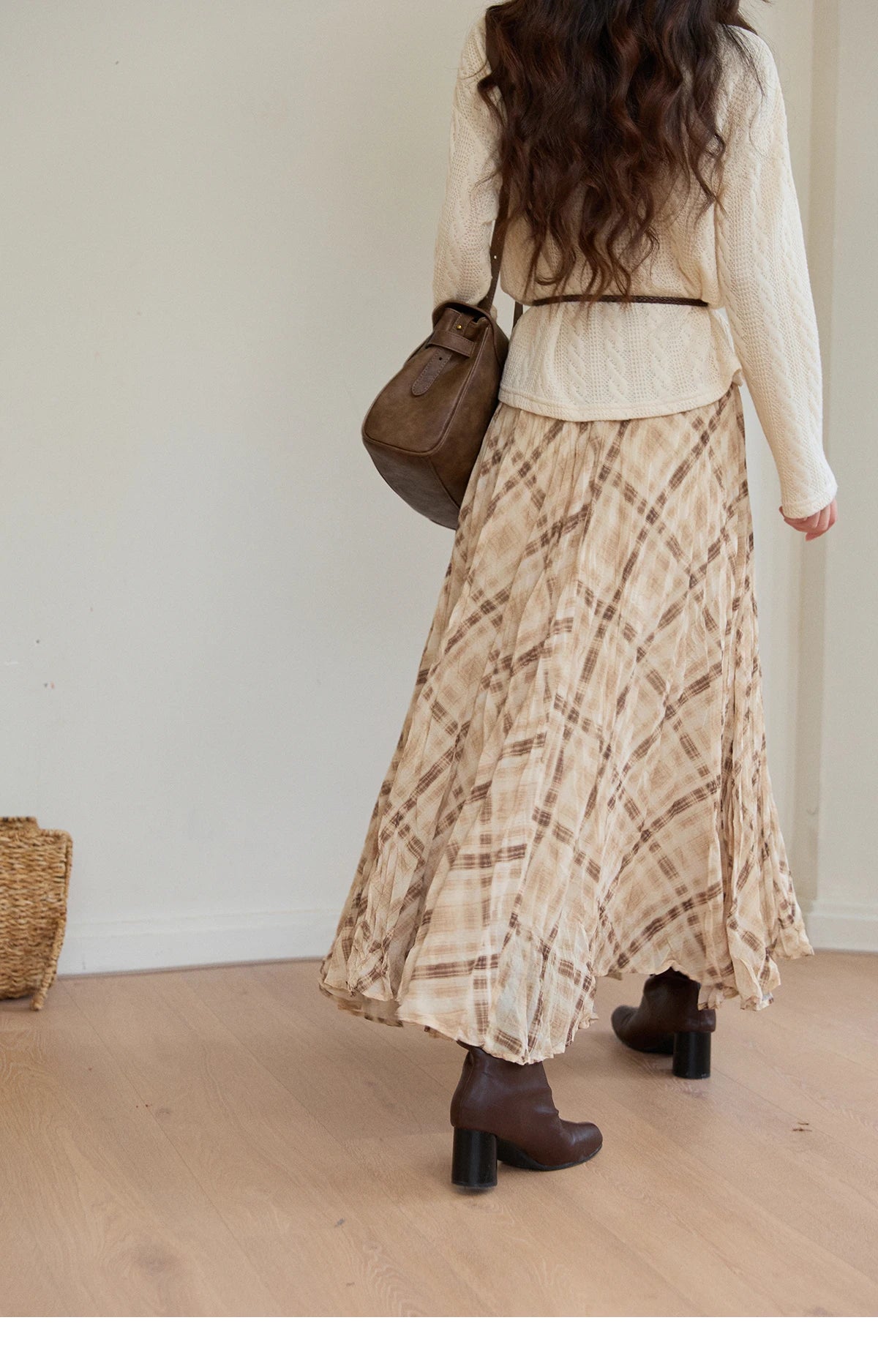 MISHOW Beige Plaid Maxi Skirt High Waist Flowy Elastic MXF108B0769