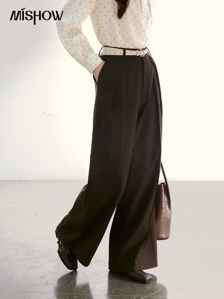 MISHOW Dark Brown Wide Leg Pants High Waist Pleated Elastic MXF108K1010