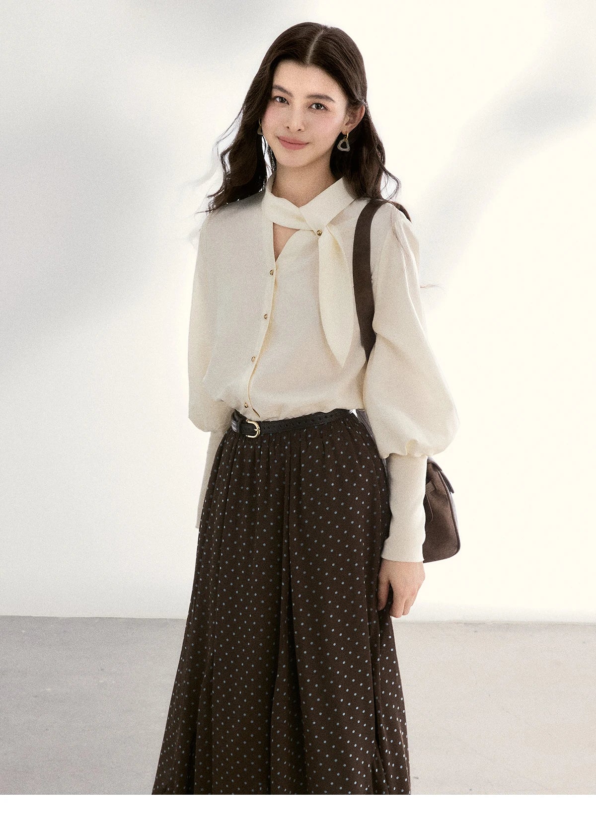 MISHOW Women's Tie Neck Shirt Hollow Out Knitted Patchwork Puff Sleeve MXF108C0812