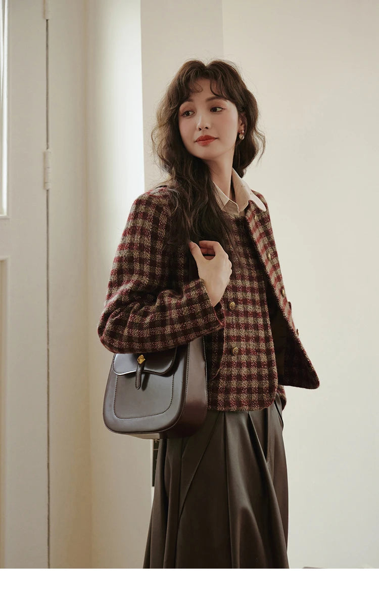 Mishow Vintage French Crop Plaid Woolen Top MXC48W0175