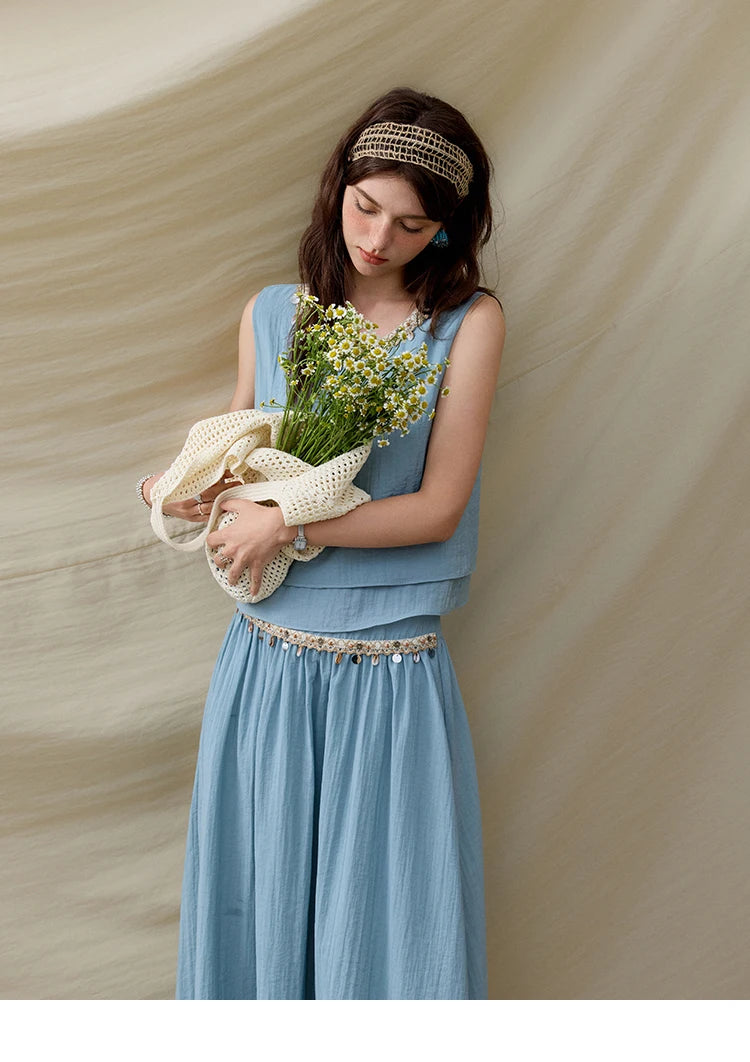 Mishow Sheel Ribbon Round Neck Top & High Waist Skirt Set MXE32T0556