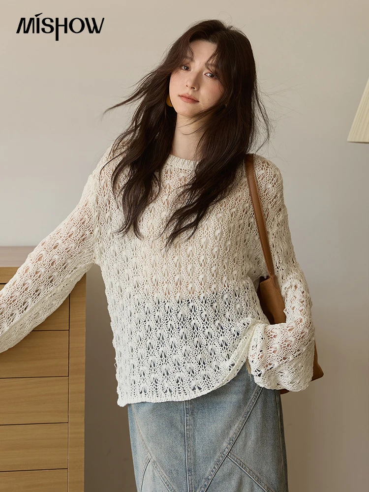 Mishow Hollow Jacquard Dropped Sleeve Sweater MXE43Z1360