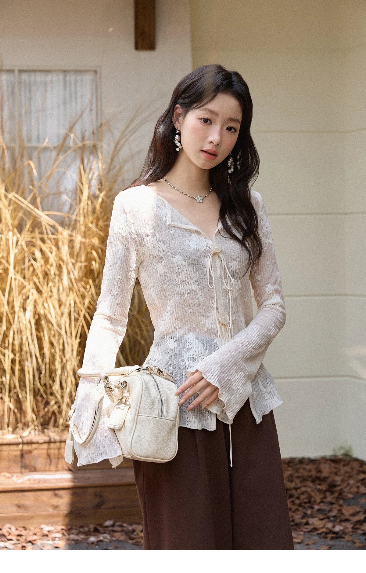 MISHOW White Lace Shirt Flared Sleeves V-Neck MXE49X2511