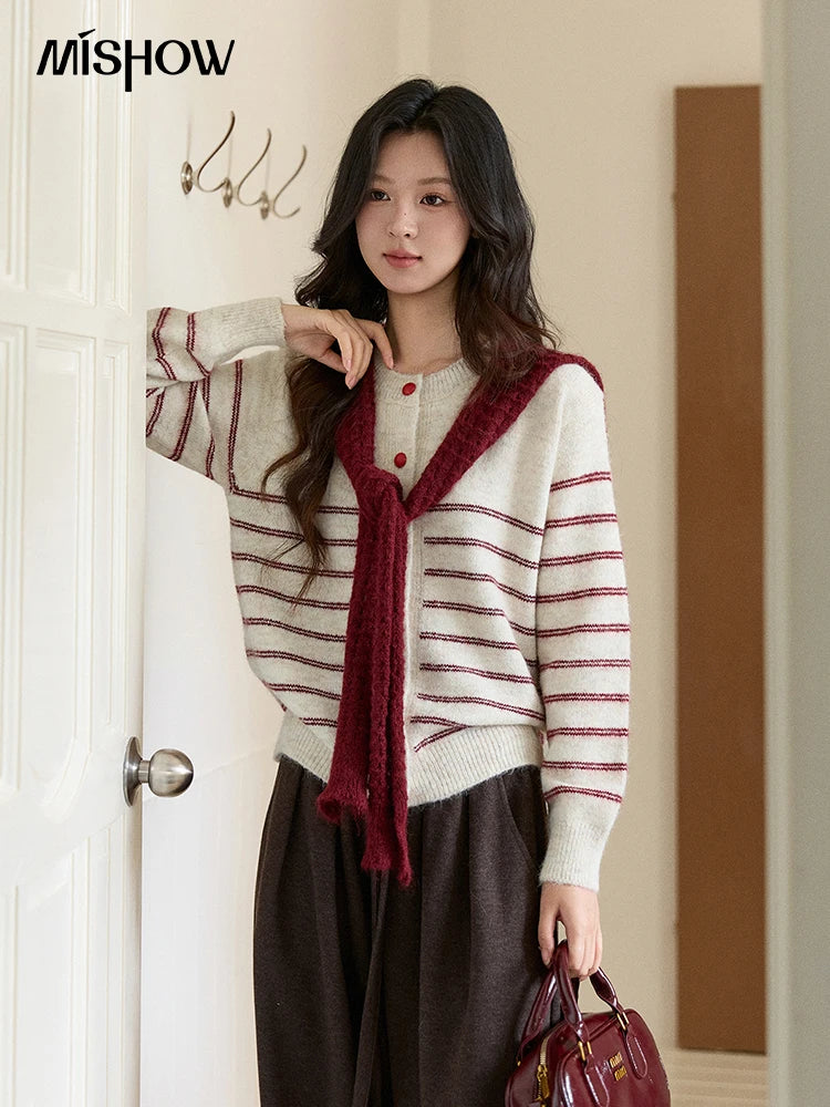 Mishow Beige Striped Red Scarf Button Cardigan MXE93Z2948
