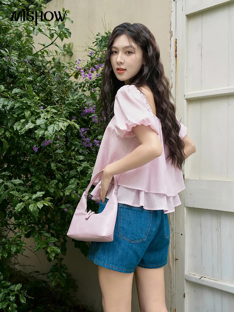 MISHOW Square Neck Blouse Tied Lantern Sleeve Double Layered Hem MXD26X1551