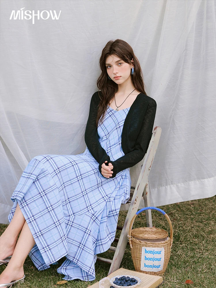 Mishow Blue Plaid Sleeveless A-Line Dress MXE33L2260