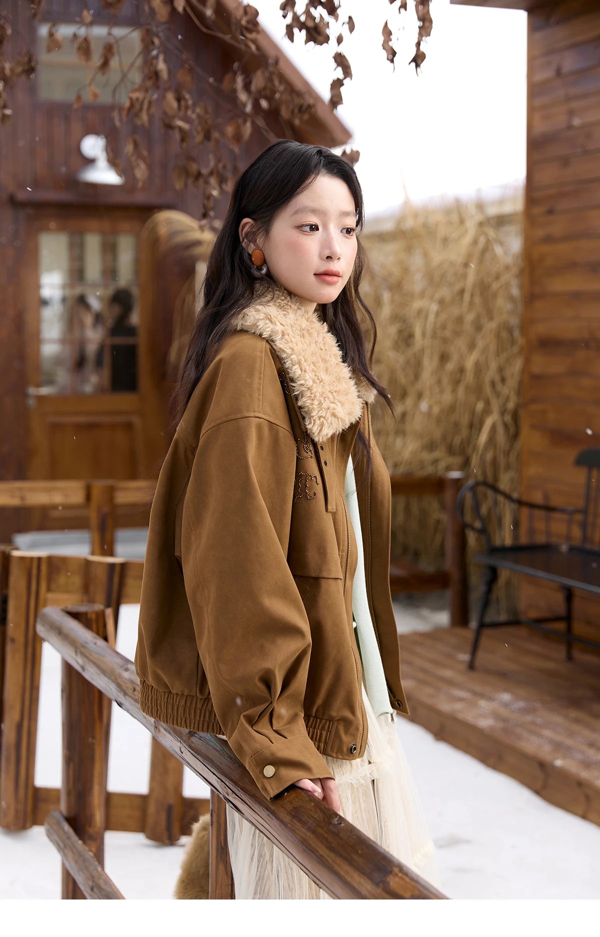 MISHOW Brown Suede Jacket Detachable Fur Collar Zipper MXE51W0876