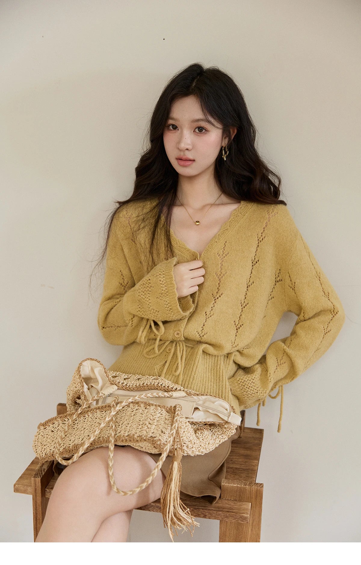 Mishow Yellow Hollow V-Neck Drawstring Cardigan MXF108Z1022