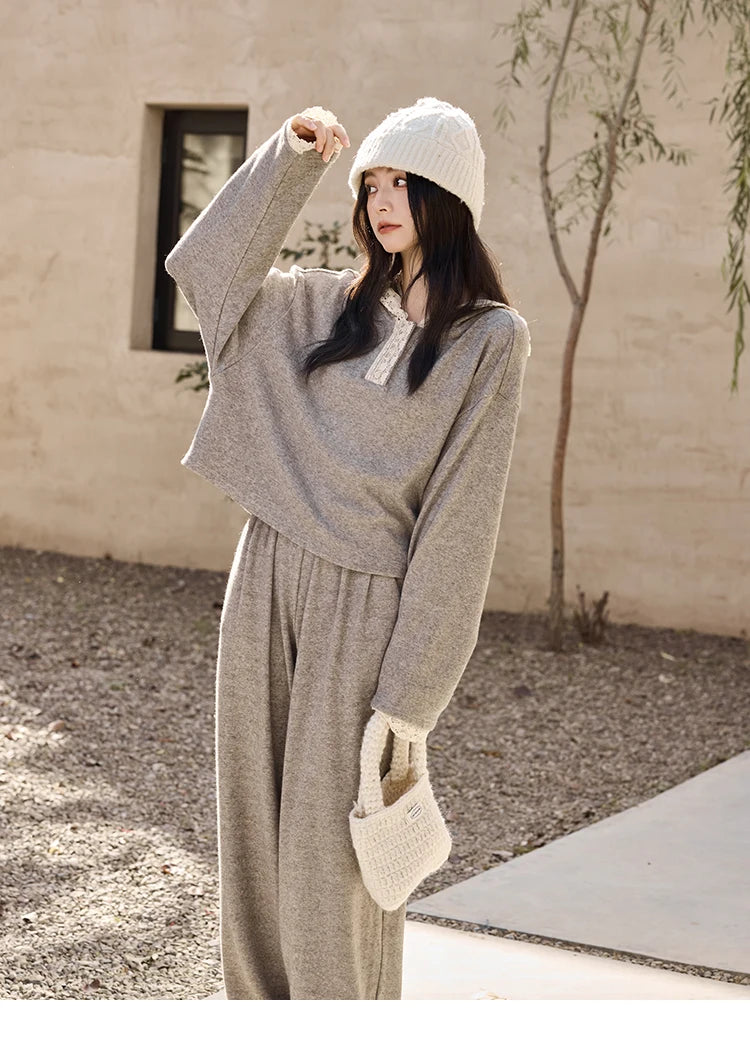 Mishow Lace Splicing Hooded Sweatshirt & Wide Leg Pants Set MXD34V0098