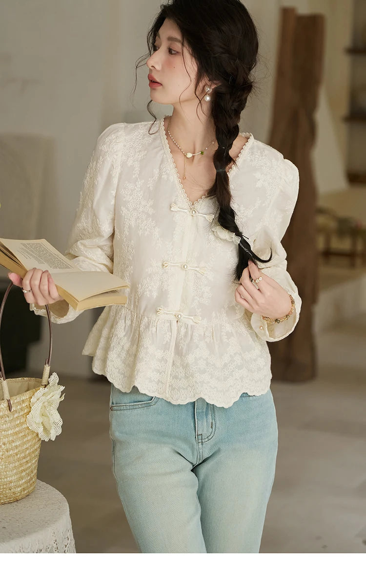 MISHOW Chinese Lace Blouse V-Neck Embroidery MXD14X1433