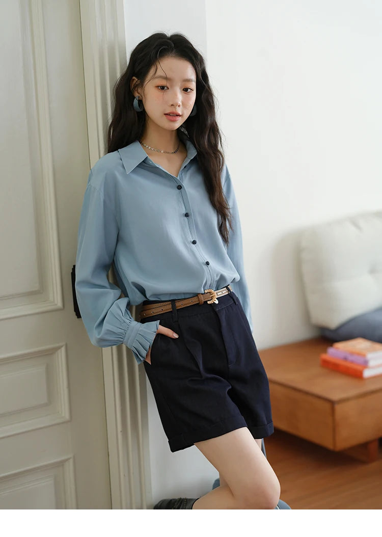 MISHOW Women's Color Block Shirt Pleated Cuffs Lapel Top MXE41C2352
