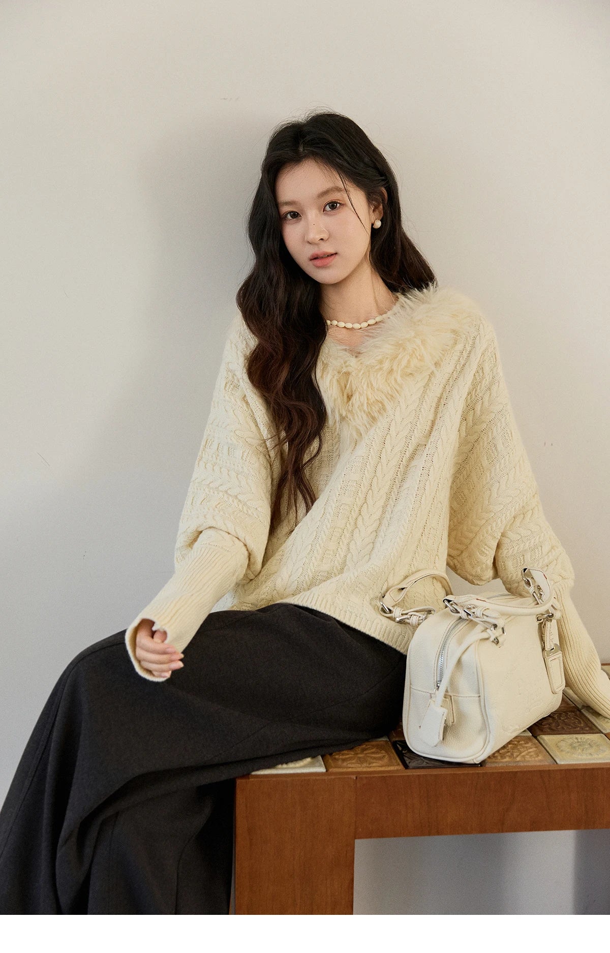 Mishow Faux Fur Collar Batwing Cable Knit Pullover MXE94Z2985
