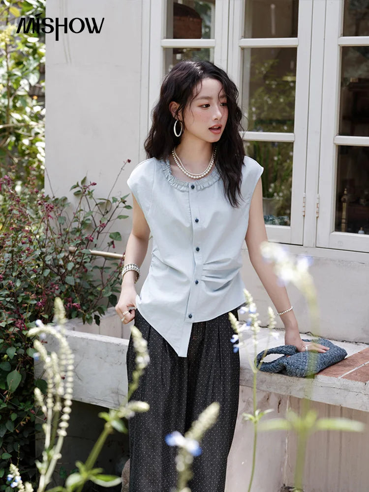 MISHOW Round Neck Sleeveless Shirt Button Front MXE38X1864