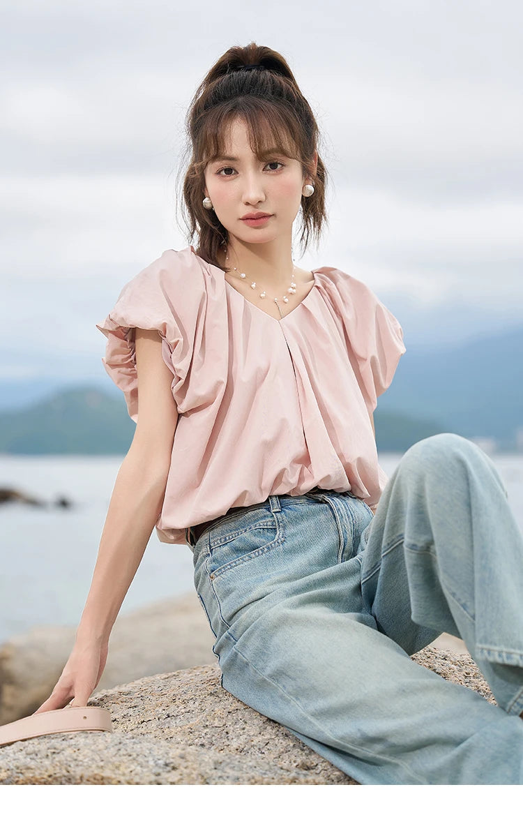 MISHOW French Rear Collar Tie Blouse V-Neck Puff Sleeve MXC38X1275