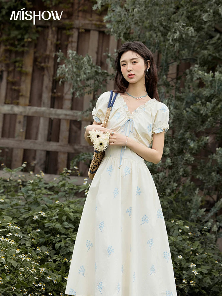 Mishow French Print Puff Sleeve Cotton Dress MXE32L2210