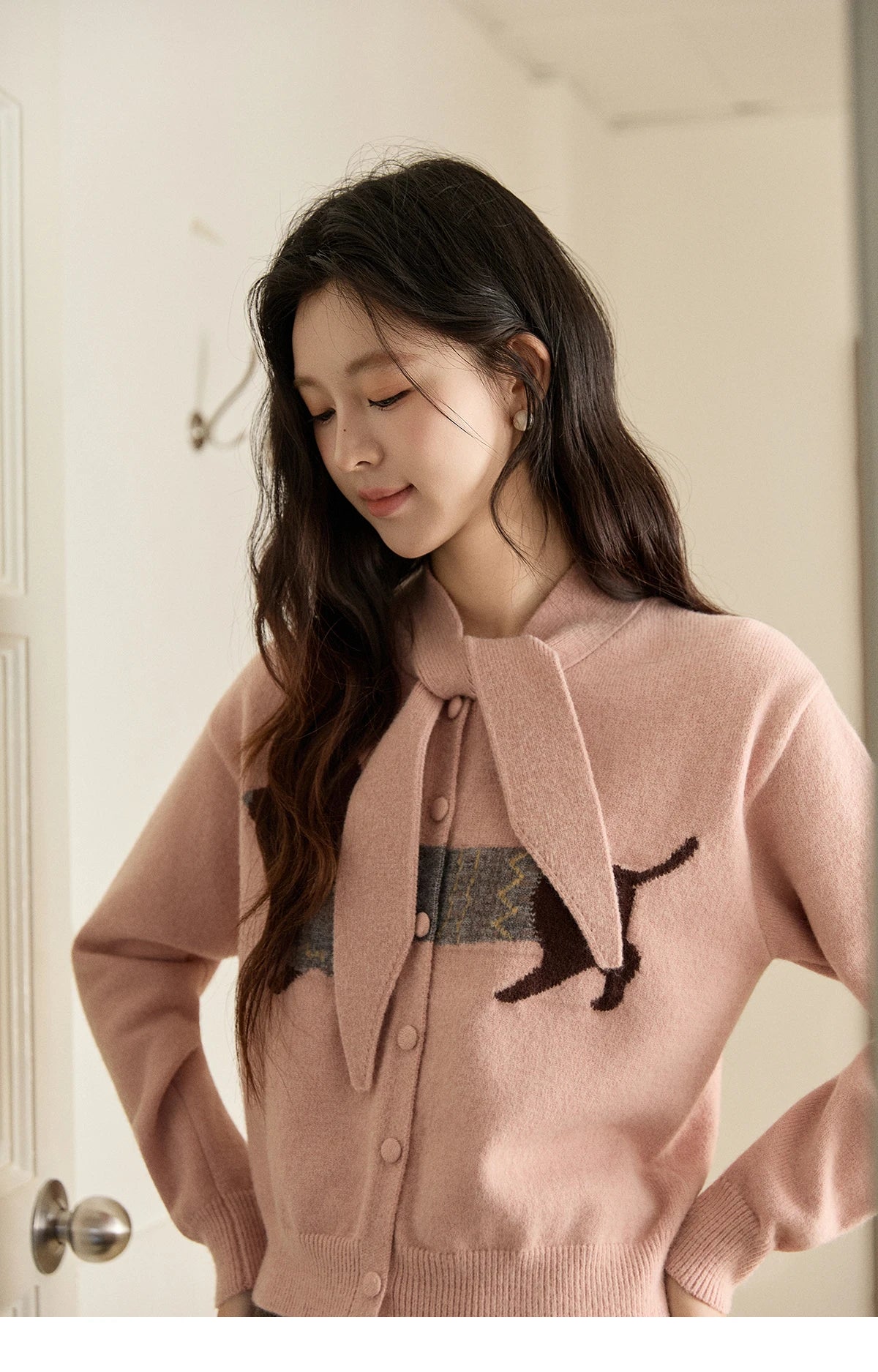 Mishow Pink Dachshund Pattern Bow Collar Cardigan MXE94Z2997