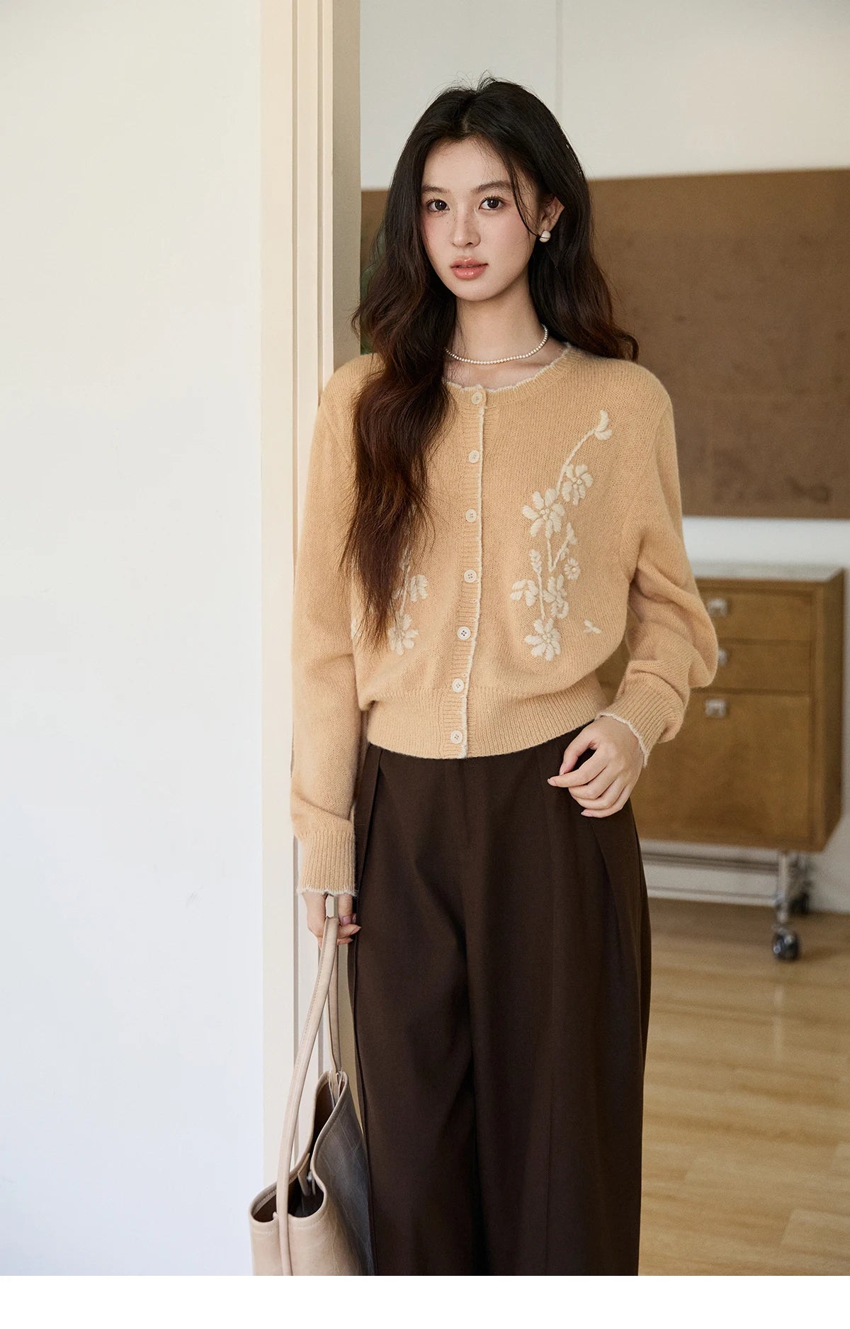 Mishow Camel Floral Embroidery Crew Neck Cardigan MXF11Z2896