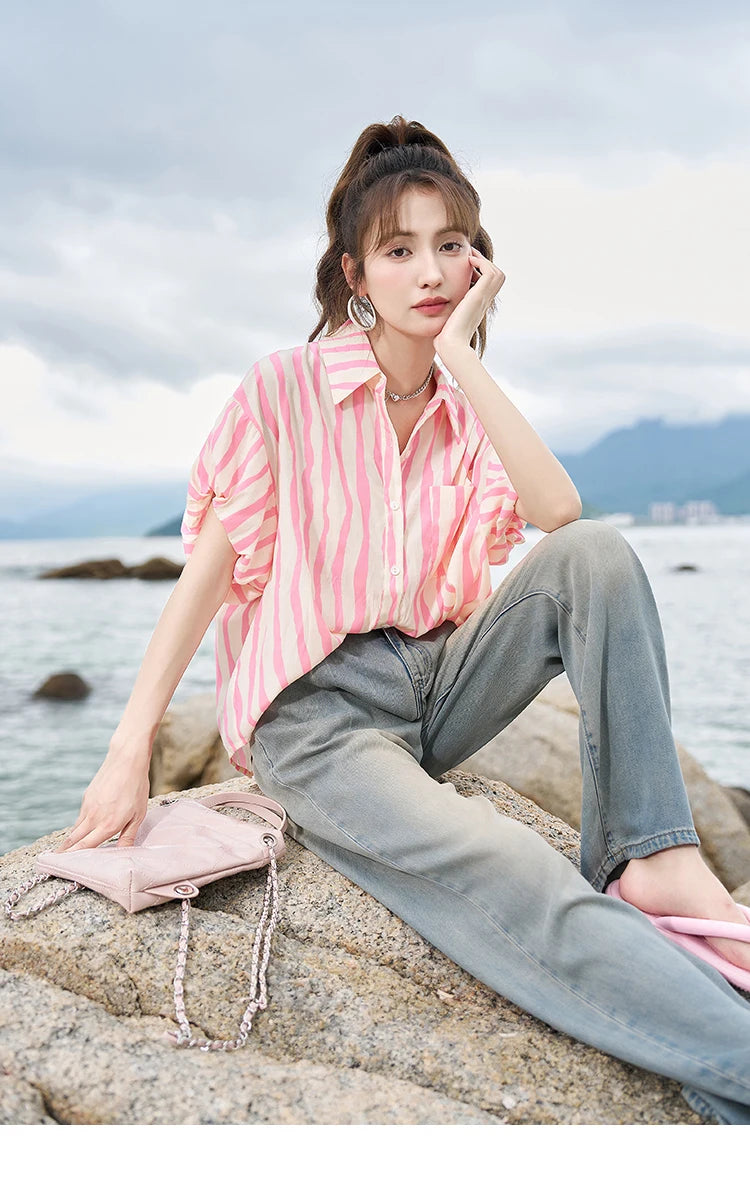 MISHOW Women's Striped Puff Sleeve Polo Neck Shirt MXC38C0072