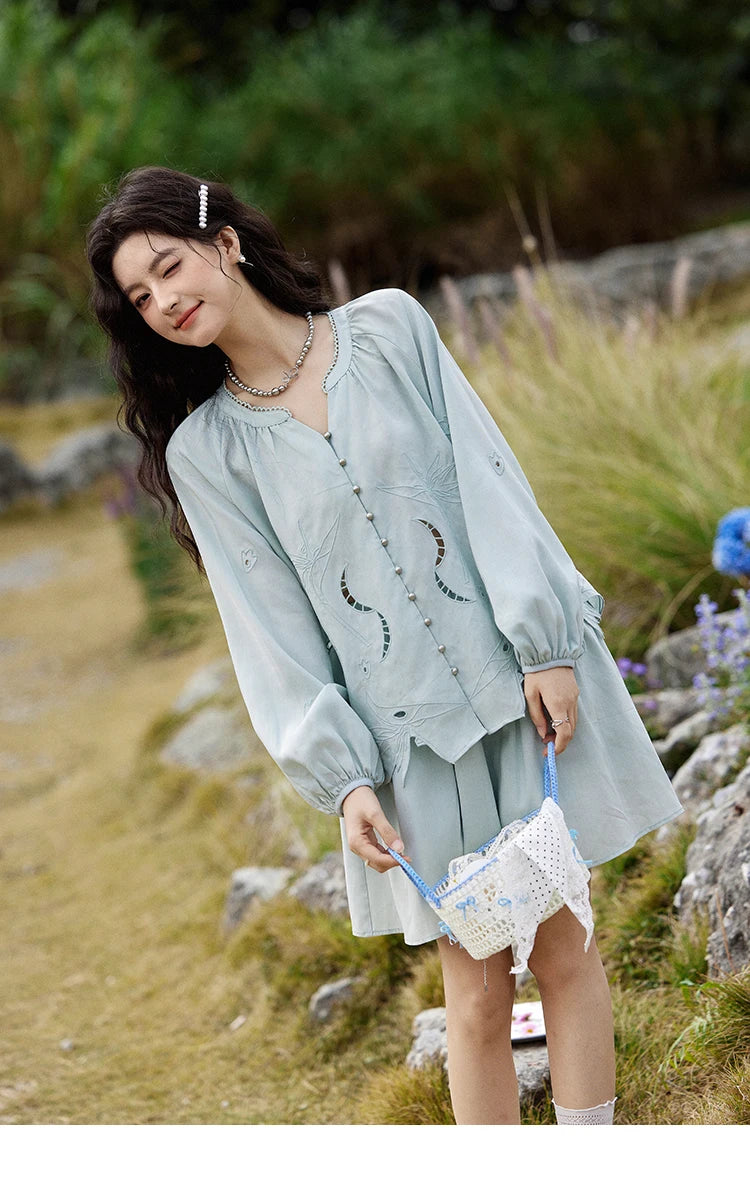 Mishow Vintage Hollow Embroidery Blouse & Solid A-Line Skirt Set MXE12T0455