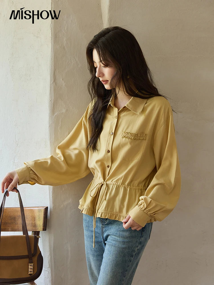 MISHOW Yellow Drawstring Waist Shirt Lapel Lantern Sleeve MXE42C2368
