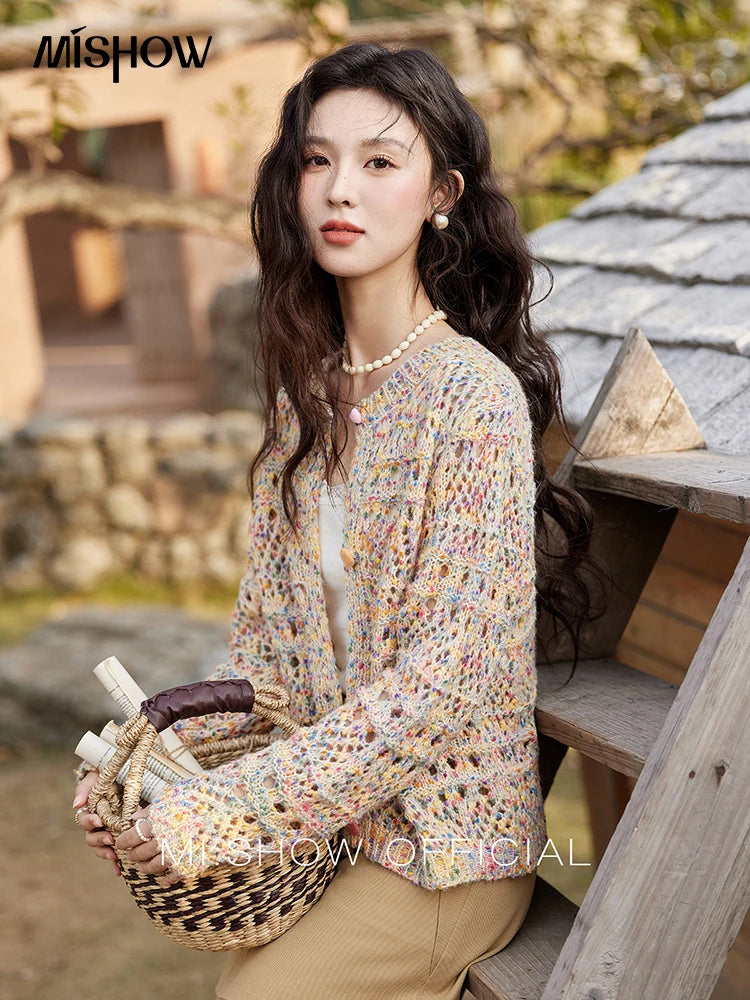 Mishow Rainbow Button Hollow Knit Cardigan MXE13Z1110