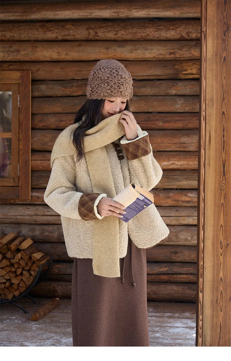 Mishow Plaid Patchwork Lamb Wool Round Neck Coat MXE90W0923