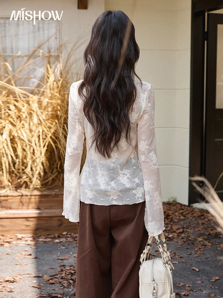 MISHOW White Lace Shirt Flared Sleeves V-Neck MXE49X2511