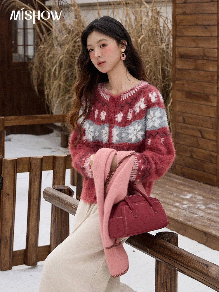 Mishow Red Imitation Mink Fur Snowflake Cardigan MXE91Z2801