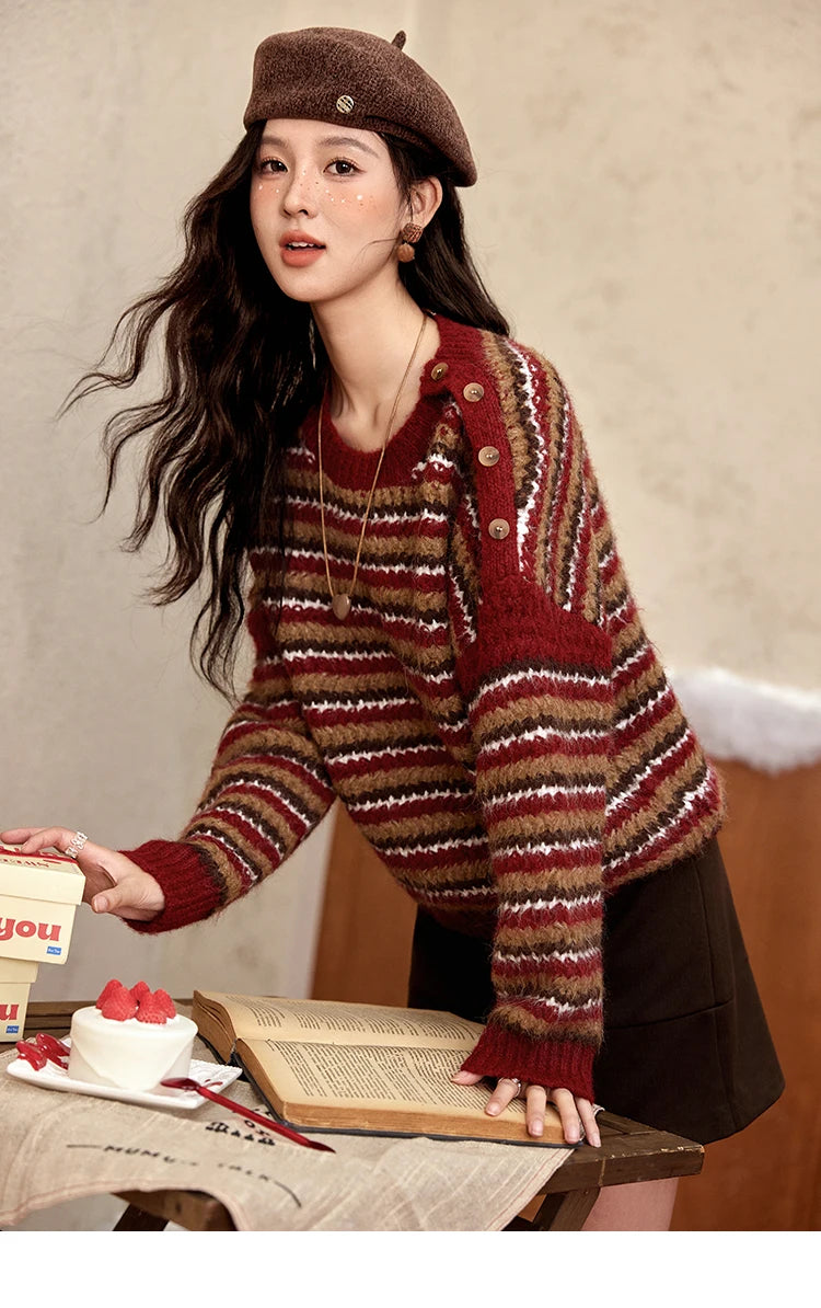 Mishow Christmas Retro Striped Wool Blend Button Sweater MXD59Z1060