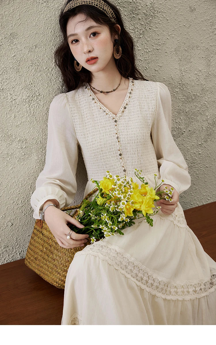 Mishow Apricot 100% Cotton Splicing Lace Dress MXE16L2168