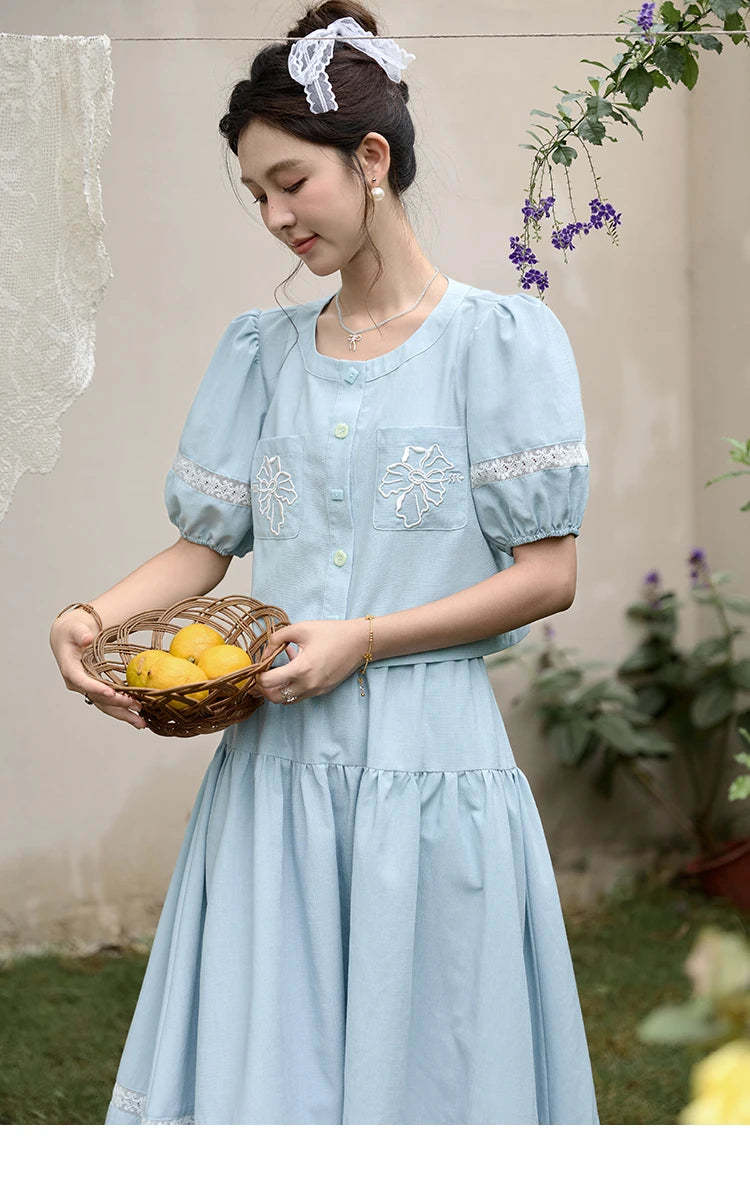 MISHOW Blue Lace Patchwork Top Elastic Waist Skirt Set MPD22B0450
