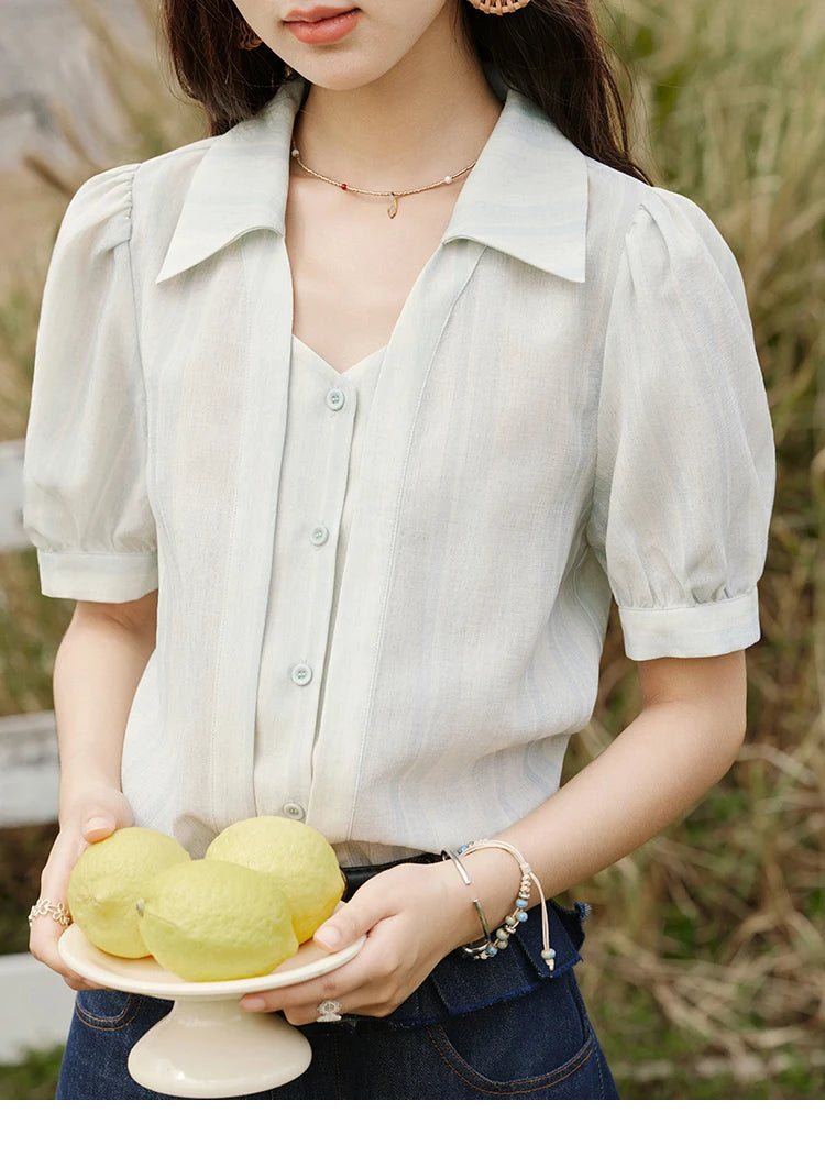 MISHOW Solid Short Sleeve Blouse Turn-Down Collar Slimming MXE33C0782