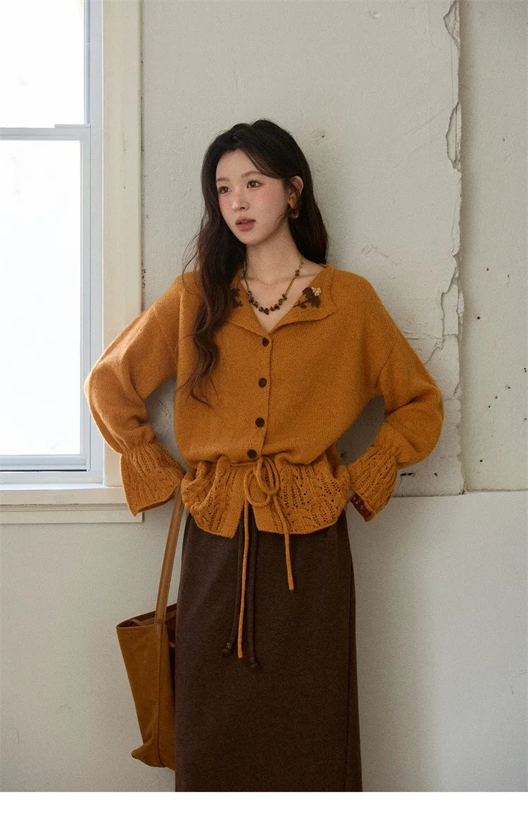 Mishow Orange Openwork Crochet Flared Sleeve Cardigan MXE87Z2685