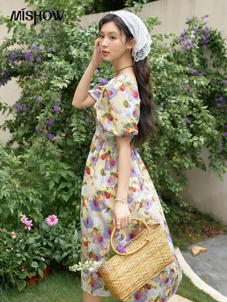 Mishow Floral Smocked Puff Sleeve Beach Dress MXD24L1905