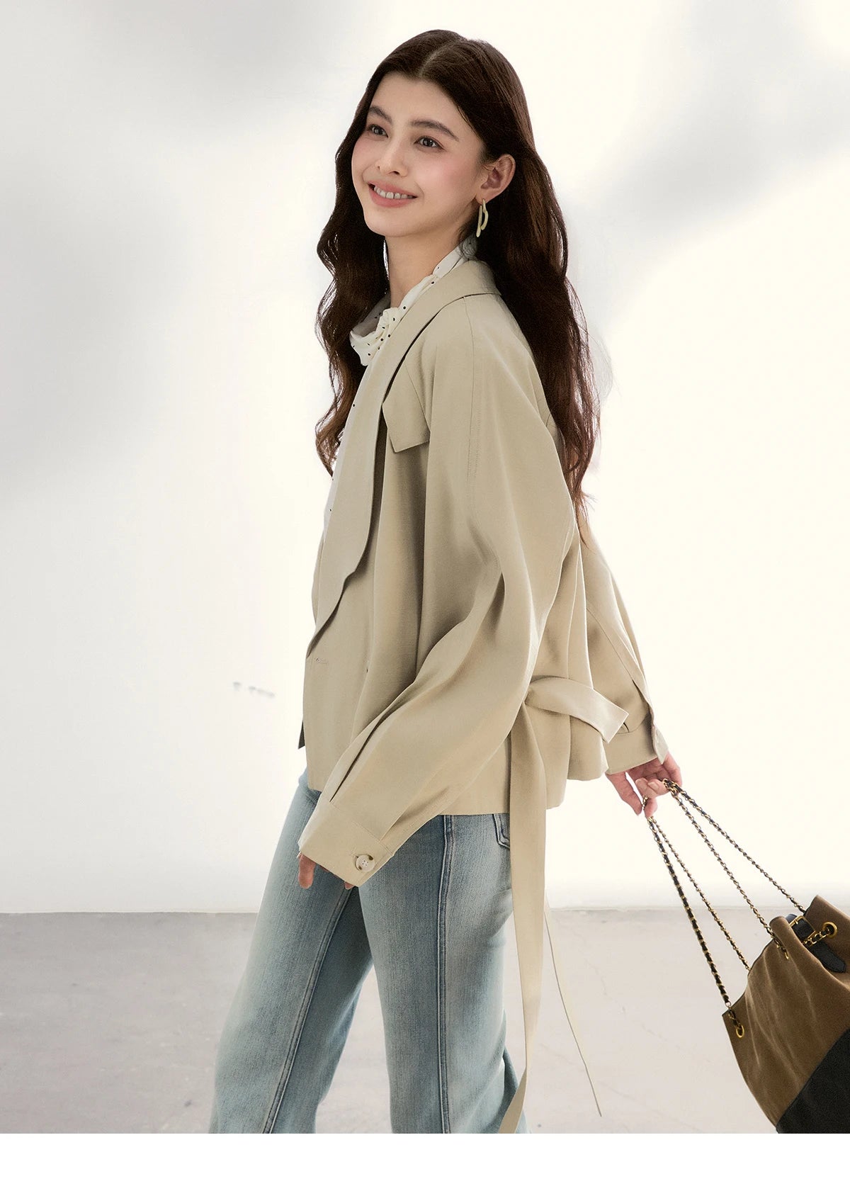 MISHOW Khaki Belted Waist Coat Lapel Double-Breasted Short MXF13W1056