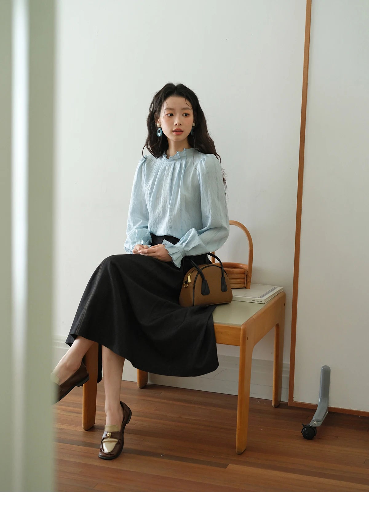MISHOW Blue Jacquard Blouse Stand Collar Bubble Sleeves MXE41X1934