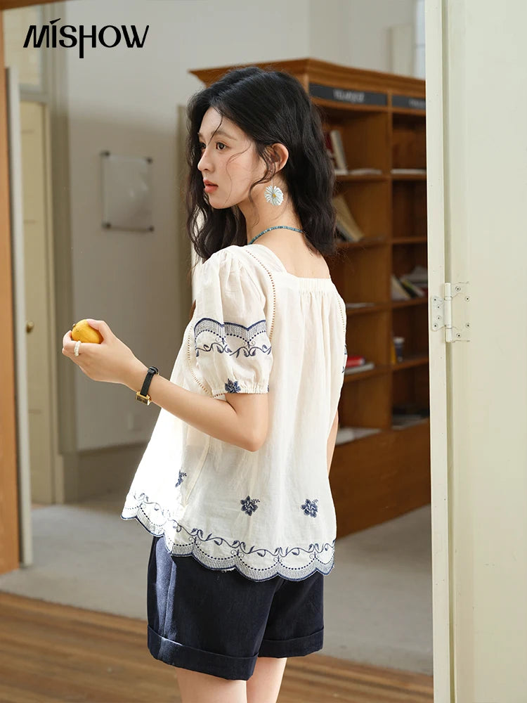 MISHOW Square Neck Puff Sleeve Blouse Flower Embroidery Hollow MXE39X1953