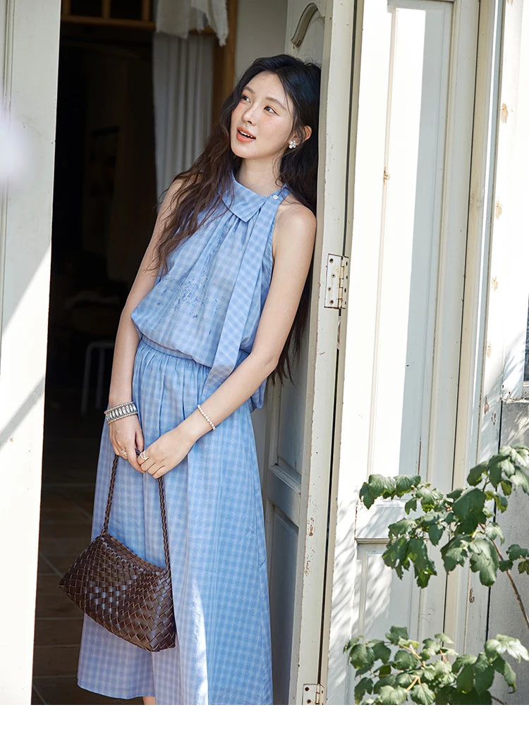 Mishow Plaid Hanging Neck Button Top & A-Line Skirt Set MXE39T0711