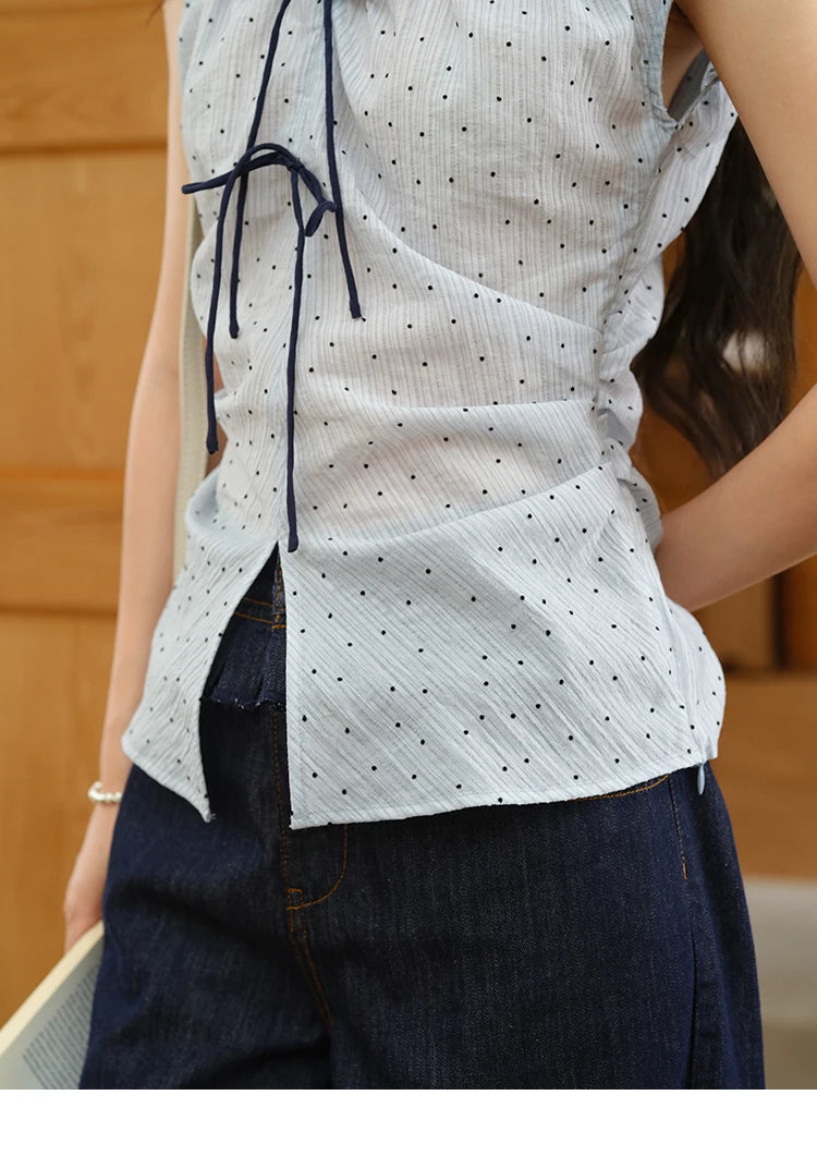 MISHOW V-Neck Bow Spliced Polka Dot Blouse Garment Sleeves MXE37X1909