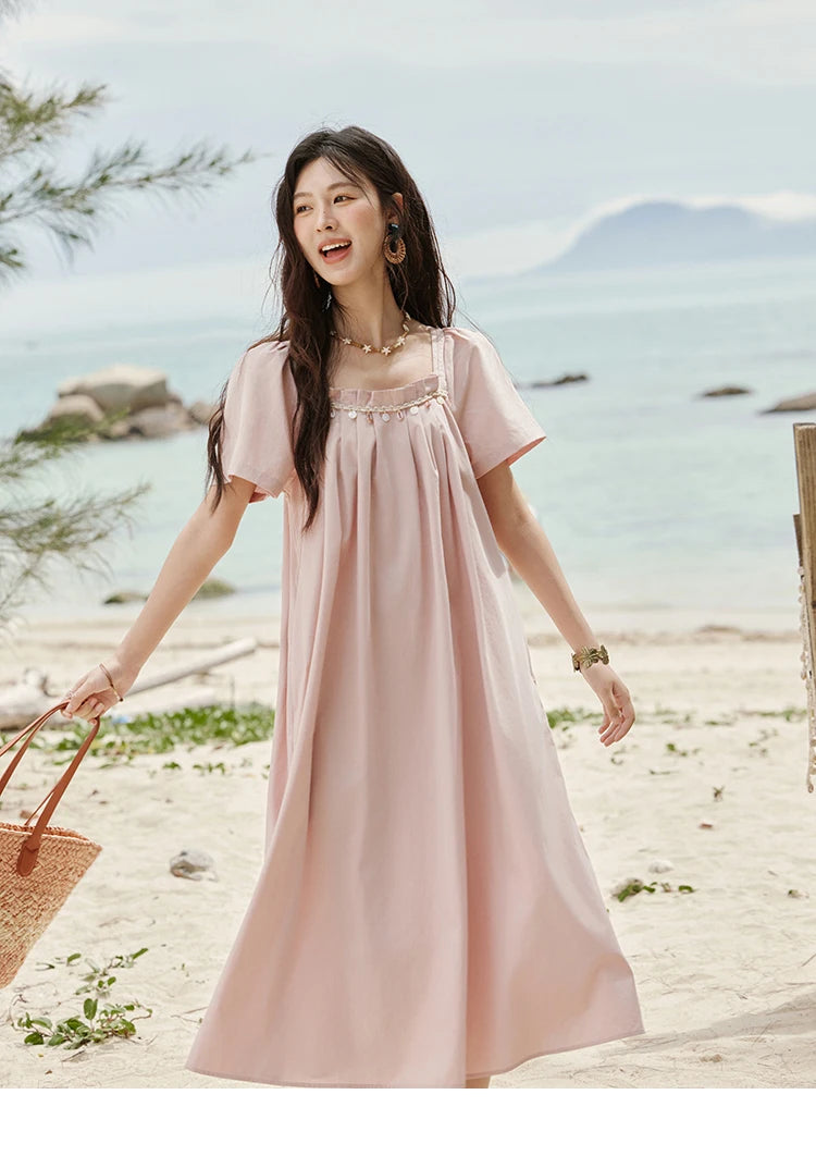 Mishow Bohemian Pink Square Collar Belt Dress MXE33L2158