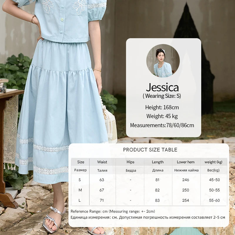 MISHOW Blue Lace Patchwork Top Elastic Waist Skirt Set MPD22B0450
