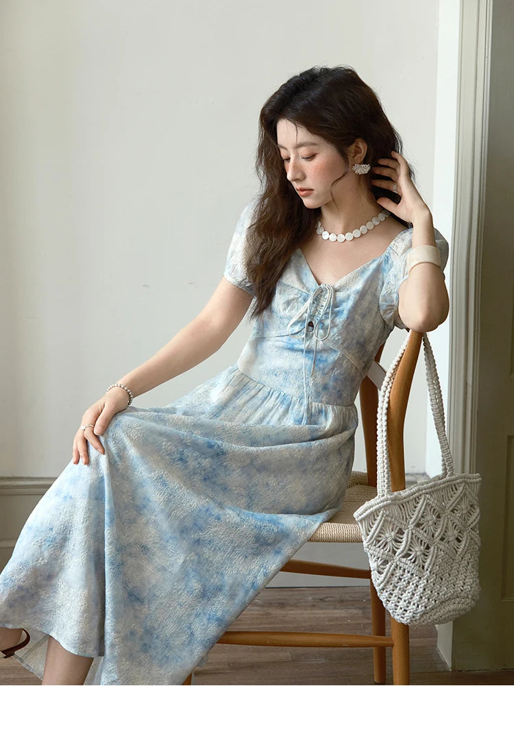 Mishow V-Neck Lace-Up Puff Sleeve Flower Dress MXE38L2379