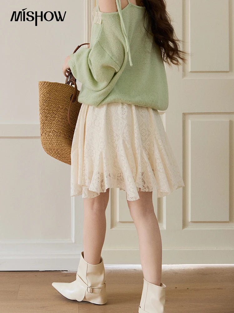 Mishow Beige Apricot Lace Tassel Midi Skirt MXF108B0768